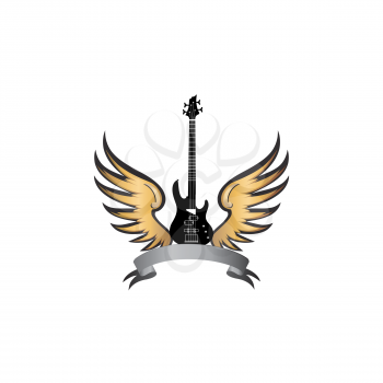 Rock music symbol. Electric guitar with wings. Winged guitar with ribbon for band or festival name. Vintage vector label  illustration