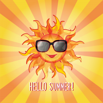 Summer background. Summer holidays cover with sun and sum beams. Hello summer greeting card. Doodle vector illustration