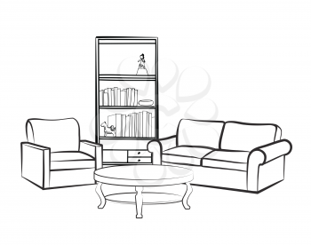 Interior furniture with sofa, floor lamp, book shelf. Living room sketch