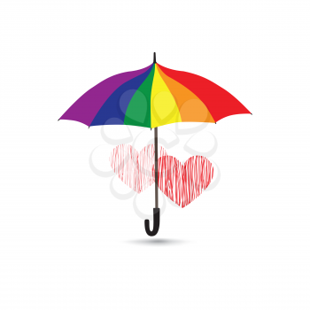 Love heart sign over rainbow colored umbrella. Two hearts in love icon isolated over white background
