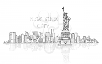 New York, USA skyline background. City silhouette engraving with Liberty monument. American landmarks. Urban  architectural landscape. Cityscape with famous buildings