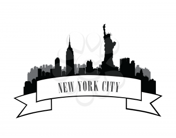 New York, USA skyline sketch. NYC city silhouette with Liberty monument. City silhouette Skyline. Panorama city emblem. Skyline urban label
