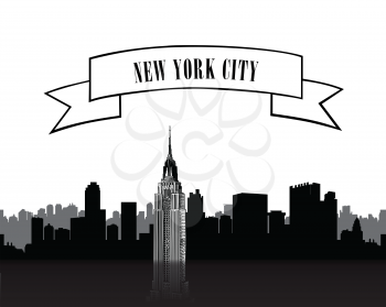 New York city skyline silhouette with sing on bow over white background