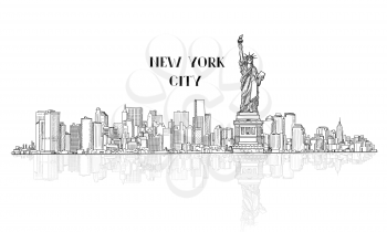 New York, USA skyline sketch. NYC city silhouette with Liberty monument. American landmarks. Urban  architectural landscape. Cityscape with famous buildings