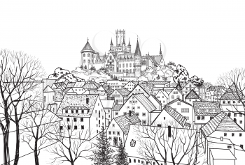 Old city view with castle on background. Medieval european castle landscape. Pencil drawn vector sketch