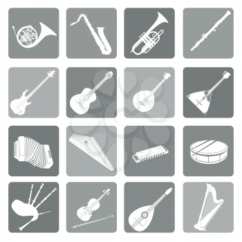 Musical instruments icon set. Folk, classical, jazz, ethnic, rock music symbols