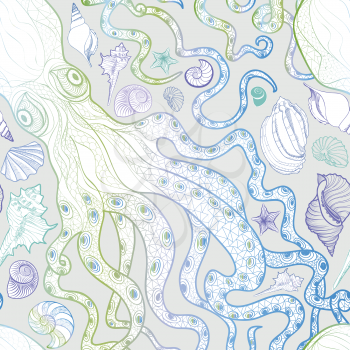 Seashell and octopus seamless pattern. Summer holiday marine background. Underwater ornamental textured sketching wallpaper with sea shells, sea star and sand.