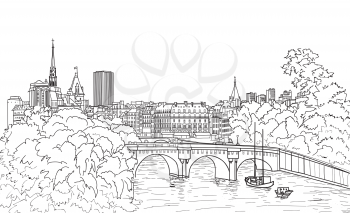 Riverside street view in the old city. Paris cityscape view with river and bridge