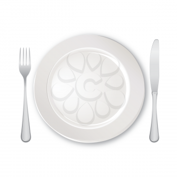 Table setting set. Fork, Knife, Spoon, Empty Plate set. Cutlery white collection. Catering vector illustration. Restaurant service. Banquet still life