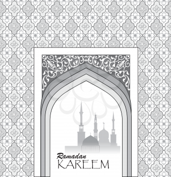 Ramadan background.  Muslim architectural building silhouette view in arch over oriental seamless pattern