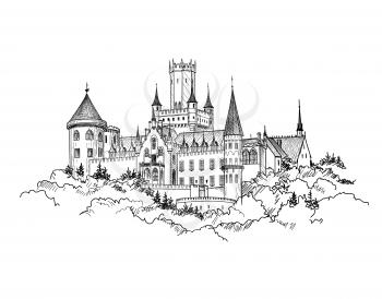 Famous Castle Marienburg, Saxony, Germany. Castle building landscape. Hand drawn sketch vector illustration.
