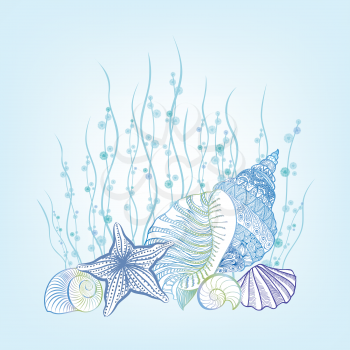  SeaShell background Summer Holiday Concept. Vector Background with Seashells, Sea Star and Sand. Hand Drawn Etching Style Underwater Marine life stillife