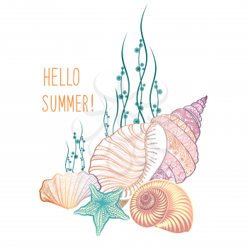  Abstract summer background. Summer holidays cover with sea inhabitants. Hello summer greeting card. Doodle vector illustration
