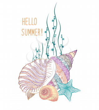 Abstract summer background. Summer holidays cover with sea inhabitants. Hello summer greeting card. Doodle vector illustration