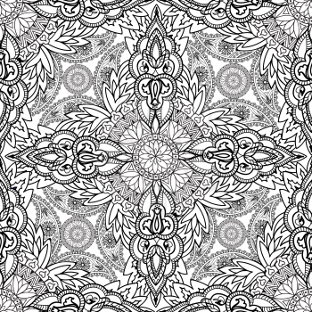 Floral ornament Mandala semless pattern. Black and white ornamental texture. Geometric flower vector tiled orient background