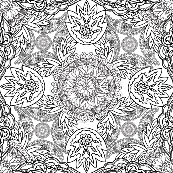 Floral ornament Mandala semless pattern. Black and white ornamental texture. Geometric flower vector tiled background