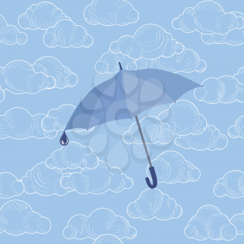 Umbrella over cloudy sky. Clouds seamless pattern Autumn rain background concept