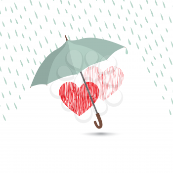 Love heart sign over rain under umbrella protection. Two hearts in love icon isolated over white background. Valentine's day greeting card design