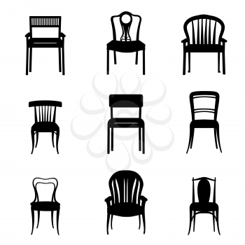 Chairs and Armchairs Silhouette Set. Modern and Ancient Furniture collection for home, office, restraunt, cafe