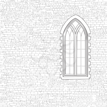 Ancient brick wall background with gothic window. Shabby brick wall sketch pattern Architectural building facade