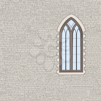 Ancient brick wall background with gothic window. Shabby brick wall sketch pattern Architectural building facade 