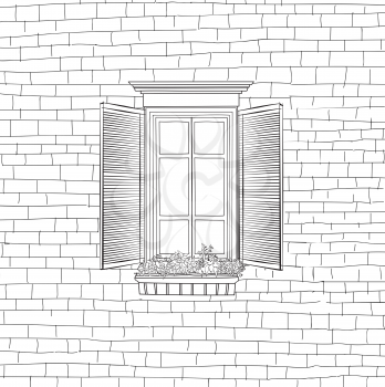 House with classical window engraving background. Shabby brick wall sketch pattern Building facade