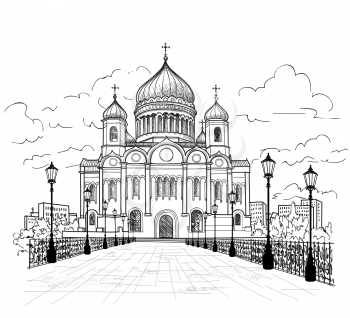 Cathedral of Christ the Saviour in Moscow, Russia. Russian famous building. Moscow city view. Yand drwn sketch vector illustration
