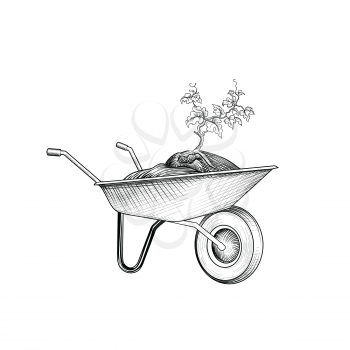 Garden cart with humus and plant. Wheelbarrow engraving. Gardening care sign. Floral bloom stage