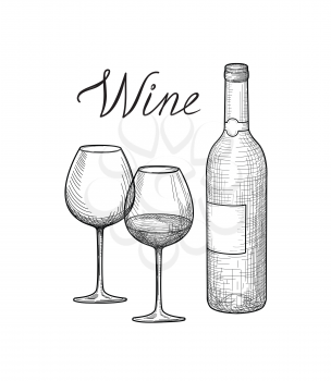 Wine set. Wine glass, bottle, handwritten lettering. Vineyard sketch style retro banner wallaper