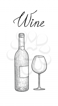 Wine glass and red wine bottle. Engraving illustration of wineglass. Utensils sketch. Glassware sign