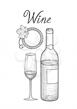 Wine set. Wine glass, bottle, grape branch, handwritten lettering. Vineyard sketch style collection