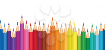Crayon background. Many colored wooden pencils vector illustration. Colorful pencil seamless horizontal border.