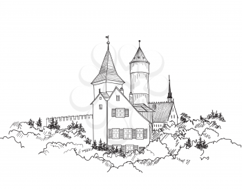 Travel Germany Background. Castle building on the hill skyline etching. Hand drawn sketch vector illustration. Vintage touristic postcard,