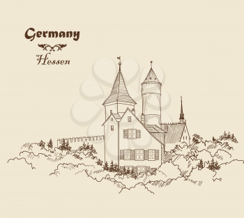 Travel Germany Background. Castle building on the hill skyline etching. Hand drawn sketch vector illustration. Vintage touristic postcard,