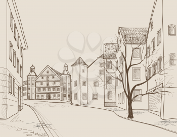 Street cafe in old city. Cityscape - houses, buildings and tree on alleyway. Old city view. Medieval european castle landscape. Pencil drawn editable vector sketch