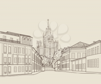 Moscow city street view with famous Stalin skyscraper building on background. Moscow cityscape. Travel Russia engraving skyline