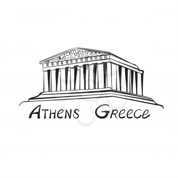 Travel Greece sign. Athens famous landmark building with hand drawn lettering Athens, Greece. 