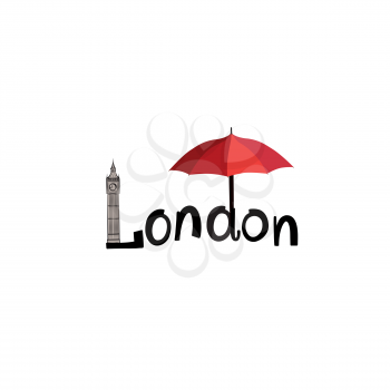 London sign hand lettering. British jack flag colored umbrella and Big Ben tower