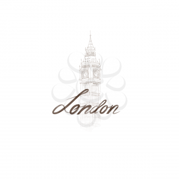 London sign handwritten lettering with Big Ben tower.  London city Typography Graphics with famous building. Attraction of the capital of England, hand drawn vector illustration