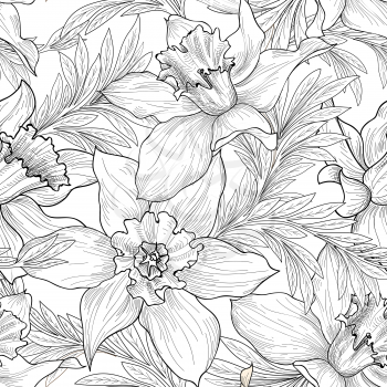 Floral seamless pattern. Flower black and white background. Florals engraving texture with flowers. Flourish sketch tiled wallpaper