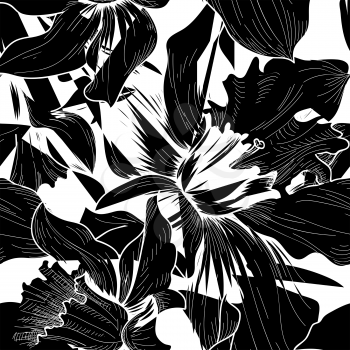 Floral seamless pattern. Flower black and white background. Florals engraving texture with flowers. Flourish sketch tiled wallpaper