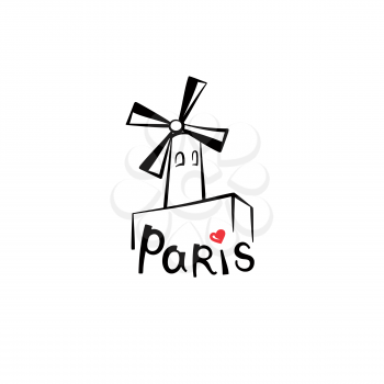 Paris sign. French famous landmark Moulin Rouge. Travel France label. Paris architectural icon with lettering