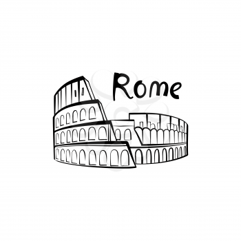 Rome Colosseum sign. Italian famous landmark Coliseum. Travel Italy label. Rome architectural icon with lettering