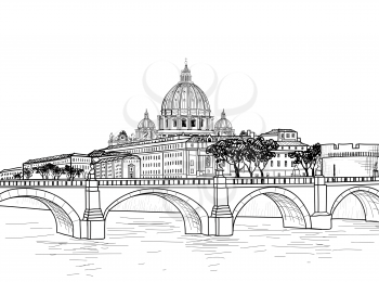 Rome cityscape with St. Peter's Basilica. Italian city famous landmark skyline. Travel Italy engraving. Rome architectural city background