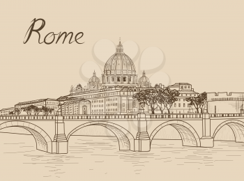 Rome cityscape with St. Peter's Basilica. Italian city famous landmark cathedral skyline. Travel Italy engraving. Rome architectural city background with lettering