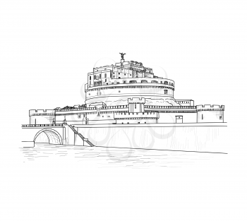Rome cityscape with Castle Saint Angel. Italian city famous landmark skyline. Travel Italy engraving. Rome architectural city riverside background