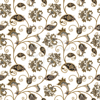 Floral pattern. Flourish oriental ethnic background. Arabic ornament with fantastic flowers and leaves. Wonderland swirl nature motives of stylish vintage fabric patterns.