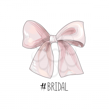 Bow drawn. Wed sign. Gentle cream pink bow ribbon isolated with tag Bridal