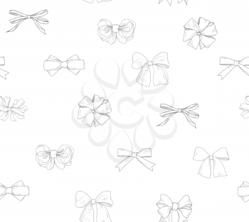 Bow tiled pattern. Bride team bow icon set. Holiday gift wallpaper. Fashion white background.