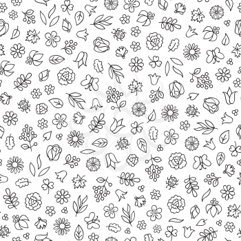 Flower icon seamless pattern. Floral leaves, flowers. White ornamental background